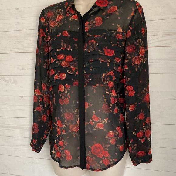 The Kooples Size XXS Romantic Floral Print Black Sheer button front Blouse - Picture 3 of 9